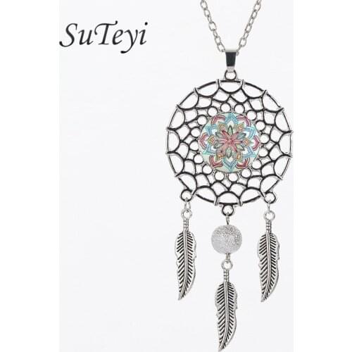 SUTEYI Vintage Mandala Flower Statement Necklace Zen Buddhism Dreamcatcher Necklaces For Women Jewelry