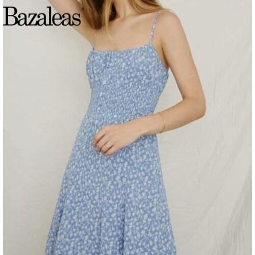 Bazaleas Vintage Elastic Waist women Dresses Drop shipping Fashion spaghetti vestidos Chic Women midi Dress