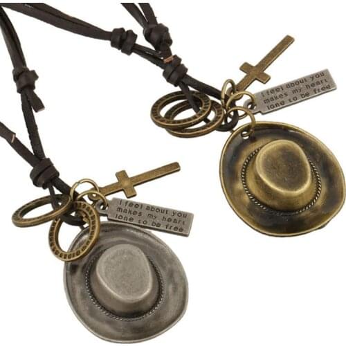 Vintage Retro Pendant Necklace Choker Alloy Cross Cowboy Hat Charm Long Leather for Women Men Fashion Sweater Chain Jewelry Gift