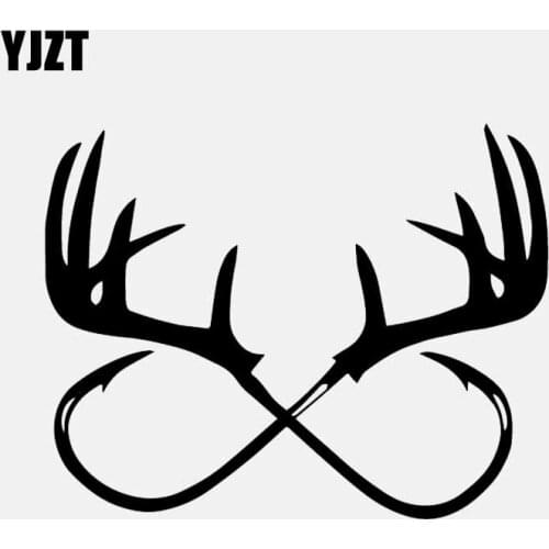 YJZT 16.5CM*13CM Horns W Fish Hooks Hunt Vinyl Window Decal Car Sticker Black/Silver C24-1024