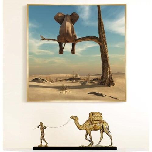 Funny Little Elephant on Tree Modern Canvas Painting Wall Art Animal Pictures Nordic Posters and Prints for Kids Room Home Decor