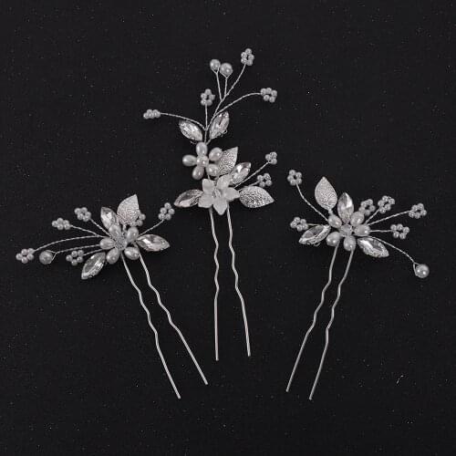 Silver Flower Hair Pins Leaf Pearl Rhinestone Hair Ornaments Bead Handmade Women Hair Jewelry Wedding Hair Accessories for Bride