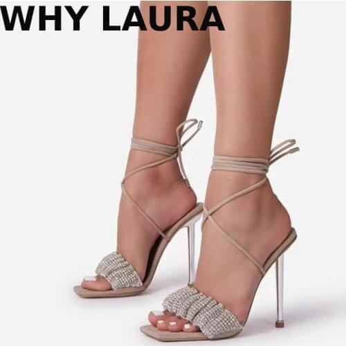 Womens summer party dress shoes Fashion rhinestone leather square toe ankle cross strap gladiator sandals stiletto sandals play