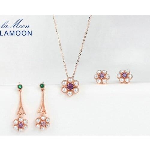 LAMOON 925 Sterling Silver Set For Women Little Flower Pearl Amethyst Gemstone 18k Rose Gold Plated Fine Jewelry Vivi Style V052