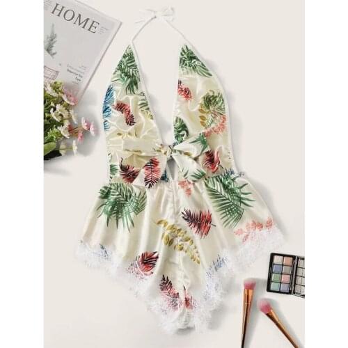 Deep V-Neck Satin Lingerie Smooth 2020 Women Sexy Lace Nightwear Silk-like Sleepwear Set Nighties for Women Night Dress Wear