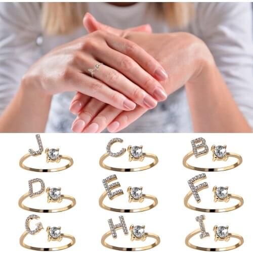 26 English Alphabet Style Open Ring Women Gold Cubic Zirconia Rings 2021 Trend Wedding Love Female Jewelry Gifts Accessories