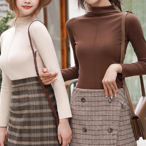 80% HOT SALES！！！Autumn Women Solid Color Long Sleeve Mock Neck Basic Blouse Slim Pullover Top