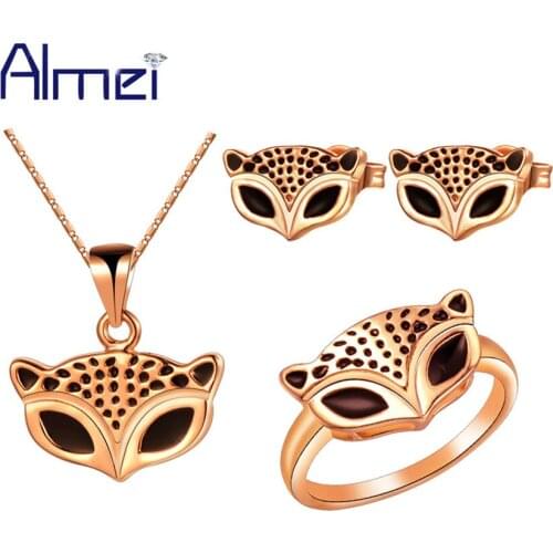 Almei African Silver Color Animal Jewelry Sets Fox Charms Enamel Jewelry Earrings Ring Necklace Set Women Ladies Jewellery T185