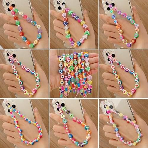 8 Style Anti-Lost Beaded Mobile Phone Wrist Lanyard Fruit Polymer Clay Beads Chain For Cell Phone Holder Mobile Chain Strap