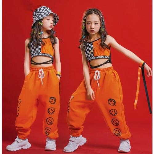 Children Jazz Dance Costumes For Girls Orange Vest Hiphop Pants Outfits Modern Dance Hip Hop Clothes Street Dance Wear DQS6836
