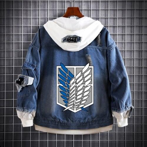 Cosplay Cotume Anime Attack on Titan Hooded Jeans Jacket Harajuku Denim Patchwork Hoodies Coat