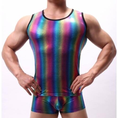 Mens Shiny Fitness Tank Top Rainbow Boxer Short Sleeveless Sexy Vest Undershirts Pouch Underwear Casual Gay Bodysuits