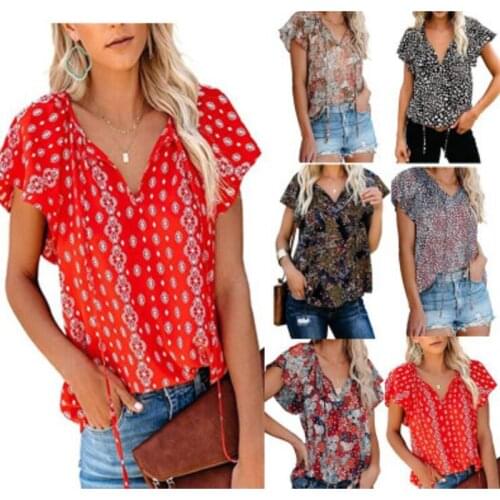 V Neck Short Sleeve T-shirt Female Floral Print Shirt Thin Summer Beach Style Women Blouse Tops Female Tee