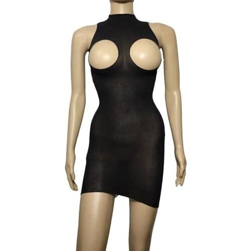 Sexy Women Mesh Open Breast Cupless Stretchy Micro Mini Dress Sleeveless Sheer Bodystocking Fantasy See-Through Lingerie