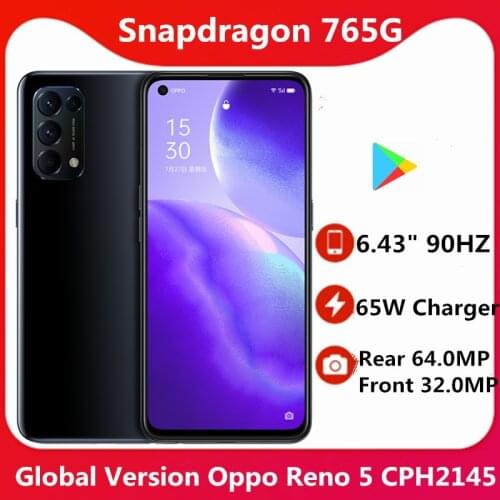 International Version Oppo Reno 5 CPH2145 5G Mobile Phone Snapdragon 765G Android 10.0 6.43" AMOLED 90HZ 64.0MP 65W Charger NFC