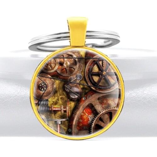 Vintage Steampunk Gear Black Glass Dome Charm Keychains Men Women Punk Style Keyring Jewelry Gifts