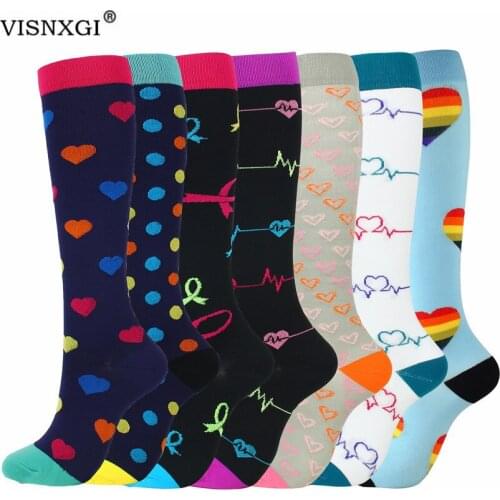 VISNXGI 40 Styles Compression Sport Socks For Men Women Best Stockings Running Fit Breathable Long Love Dots Stripes Printing