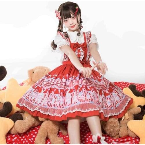 Japanese Sweet Kawaii Jsk Lolita Rabbit Sweet Tea Party Dress Summer Sleeveless Bow Lace Princess Tea Party Dresses