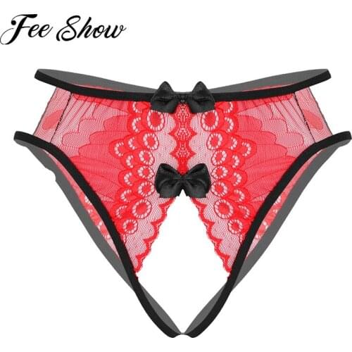 Women Exotic Sissy Panties Floral Lace Crotchless Briefs Bowknot Decor Thongs Underwear Lingerie Open Butt Underpants Nightwear