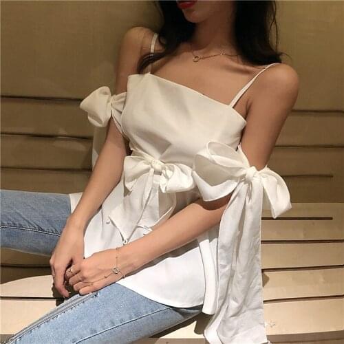 Women Lace Strap Tops Sweet Solid Sleeveless Slash Neck Ladies Chiffon Top Summer Off Shoulder Female Sweet Bow Lace Up Tops