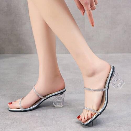2021 New Fashion High Heel Square Heels Slides Women Rope Lattice Peep Toe Women Shoes Women Sandals Ladies Shoes Hot Sell