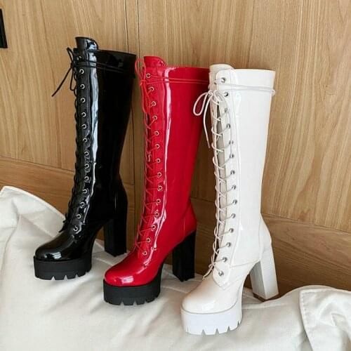 Patent PU Leather Women Knee High Boots Platform Square High Heel Ladies Ridding Boots Black Red White Women Winter Shoes