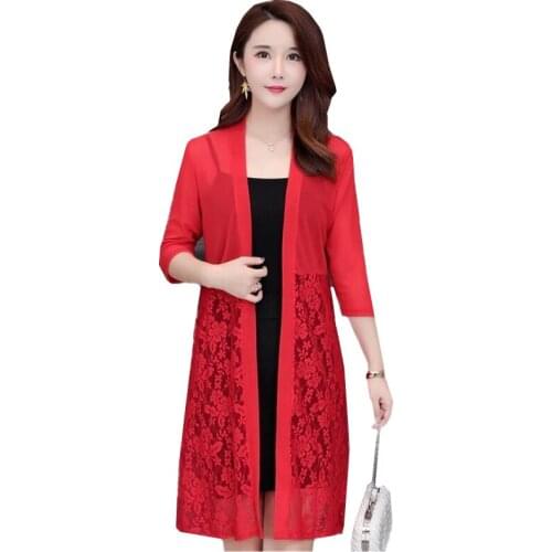 2020 New Plus Size Summer Long Jacket Women Cardigan Sunscreen Thin Shawl Lace Mesh Seven Quarter Sleeve Tops Ladies Outerwear