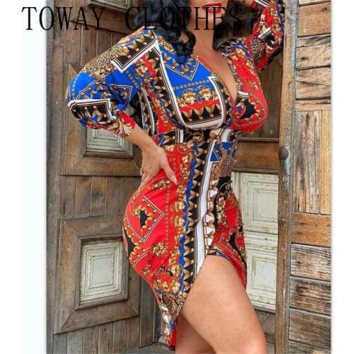 Three Quarter Length All Over Print V-Neck Slit Asymmetrical Dress Casual Chic Sexy Bodycon Mini Dresses For Women 2021