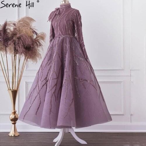 Serene Hill Muslim Purple Ankle Length Evening Dresses Gowns 2021 Beading Luxury For Women Party CLA71151
