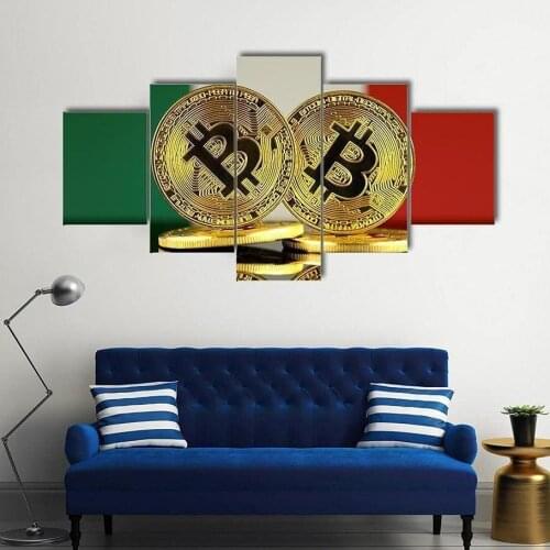 Unframed 5 Panel Italy Flag with Crypto Bitcoins Pictures Wall Art Home Decor Posters Canvas Printed Paintings for Living Room