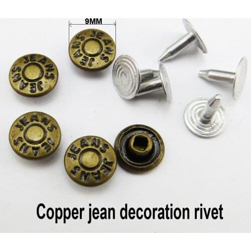 50PCS copper bronze tone jean Rivet decoration buttons 9MM sewing clothes accessories bag fits trousers rivets MR-036