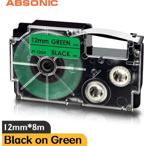 Absonic 12mm Label Tape XR-12GN Black on Green XR 12GN XR12GN 1/2" Compatible for Casio KL-750 KL-60 KL-120 KL-60SR Label Maker