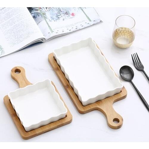 White ceramic dinner plate and wooden tray rice color ramen bowl soup plate cutlery tableware kitchen cooking tools WF1120242