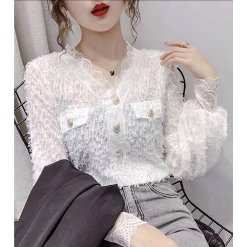 Blouse Women Fall V-neck Lace Long Sleeve Top Blusas Mujer De Moda