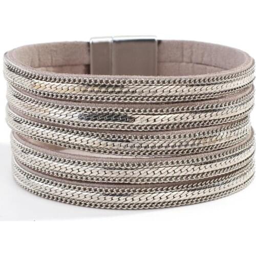 Amorcome Trendy Multilayer Magnet Buckle Leather Bracelet Women Metal Link Chain Charm Wrap Bracelets Fashion Female Jewelry