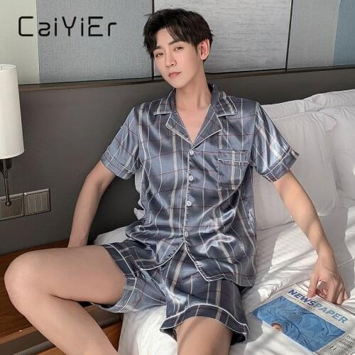 CAIYIER Plus Size 4XL 5XL Mens Pajamas Summer Satin Silk Sleepwear Set Short Sleeve Shorts Boy Leisure Pajama Sets Grid Printed