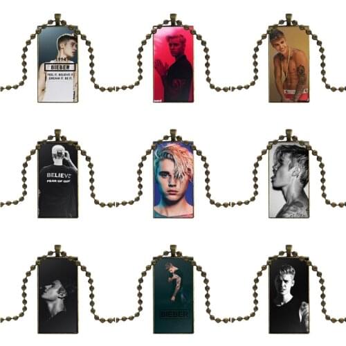 For Unisex Fashion Glass Cabochon Pendant Necklace Women Bronze Color Choker Rectangle Necklace Famous Super Star Justin Bieber