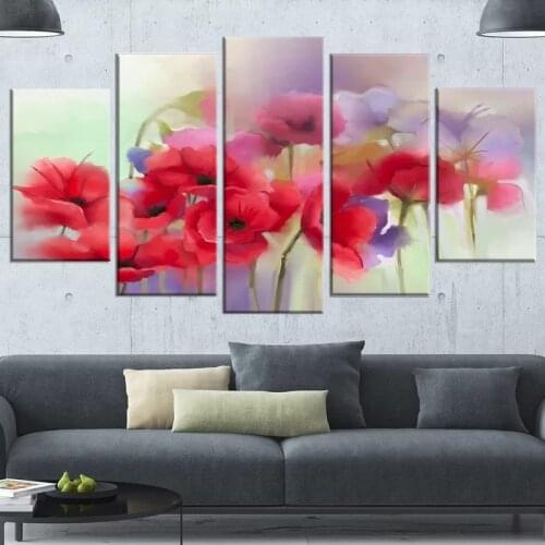 Canvas Watercolor Painting Home Decor Modular Poppy Flowers Picture Modern Printed 5 Pcs Poster For Living Room Wall Art Frame