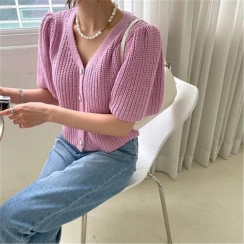 Korean Casual Womens Sweater Carigans Solid Color V-neck Short Sleeve Knit Tops Female All-matched Jumpers 2021 Summer