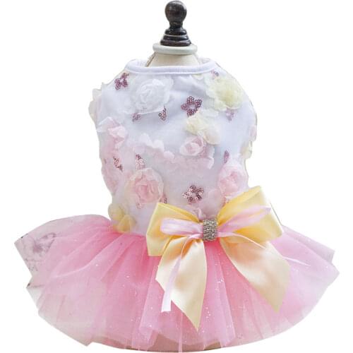 Summer Dog Dress Wedding Dress Skirt Bowknot Lace Sequins Pet Dog Clothes for Small Medium Dogs Sweet Mesh Pet Cat Short Skirts