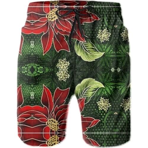 Male Shorts Causal R92 Breathable Quick Dry FunnyCasual Red & Green Christmas Floral
