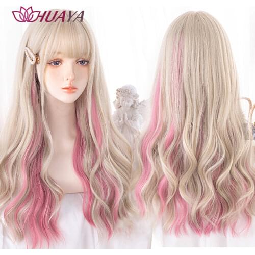 HUAYA Blue Omber Pink Synthetic Wig Long Natural Wavy Half pink Half Blue Wigs With Hair Bun for Women Cosplay Party Lolita Wig