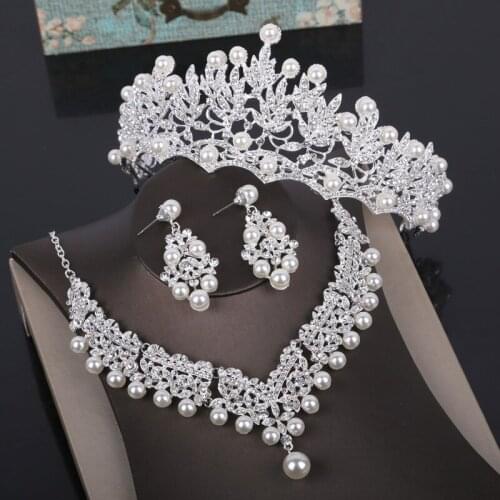 Crystal Pearl Wedding Jewelry Sets Rhinestone Statement Necklace Fashion Earrings Crown Tiaras Set Women Costume Jewelry Sets