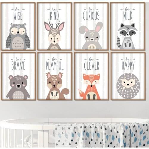 Owl Rabbit Bear Deer Fox Nursery Wall Art Canvas Painting Cartoon Nordic Posters & Prints Wall Pictures Girl Boy Kids Room Decor