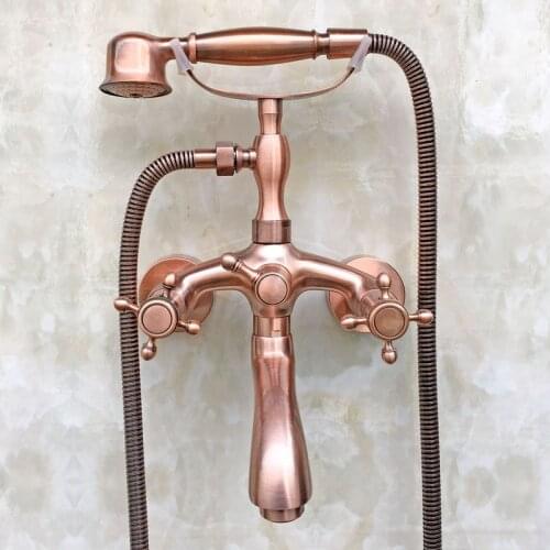 Modern Bathroom Antique Red Copper Wall Mounted Clawfoot Tub Filler Faucet Handshower Dual Cross Handles atf801