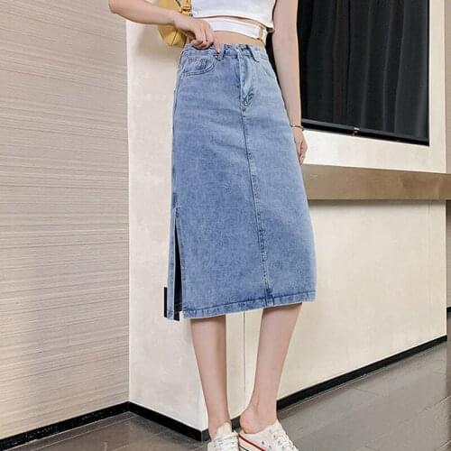 Furcal Denim Skirt 2021 Korean Fashion Jean Skirt High Waist Split Midi Skirt A Line Skirts Jupe Femme Faldas Rokjes Dames XS