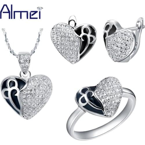 Almei Jewelry Sets Lady Silver Zircon Fashion Black Enamel Clear Love Heart Pave Crystal For Women Wedding Accessories T172