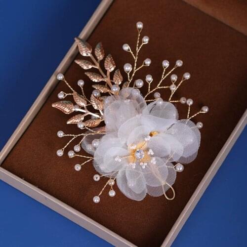 ACRDDK Gold Color Leaf Floral Venetian Pearl Hair Clip Luxury White Lace Yarn Flower Hair Pin Bridal Hair Jewelry Accessories SL