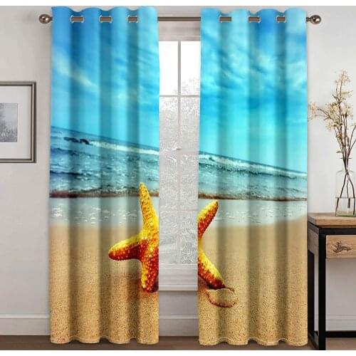 Summer Beach Holiday Decoration 3D Printing Semi Sunshade Curtain Set Waterproof Fabric Washable Bedroom Hook Accessories