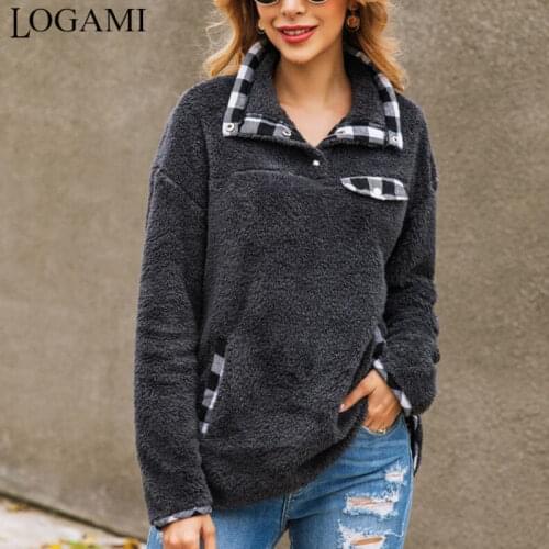 LOGAMI Plaid Patchwork Hoodies Women Turn-down Collar Sweatshirt Casual Pockets Faux Fur Pullover Coat 2019 Autumn Winter